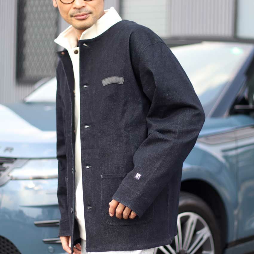 【美品】ロアーク リバイバル ノーカラー ストレッチ デニムジャケット L 黒 ROARK REVIVAL/ロアークリバイバル デニムノーカラーブルゾン RJJ1158