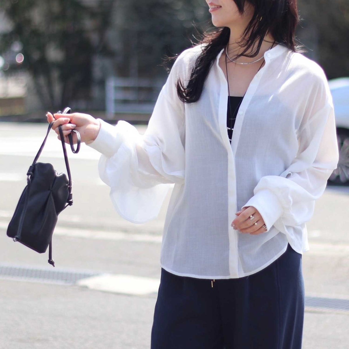 CLOCHE/クロッシェ 袖フリルノーカラーブラウス 610-85042 袖 