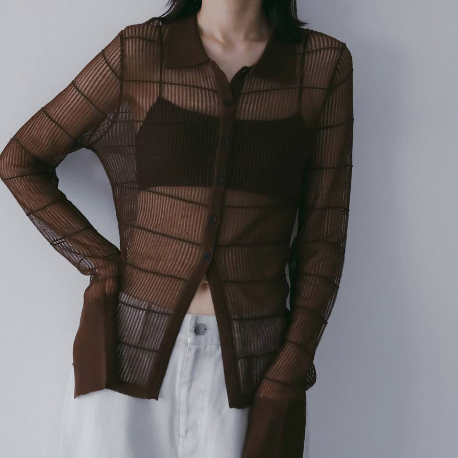 anuke/アンヌーク シアーボーダーニットシャツ Sheerborder Knit