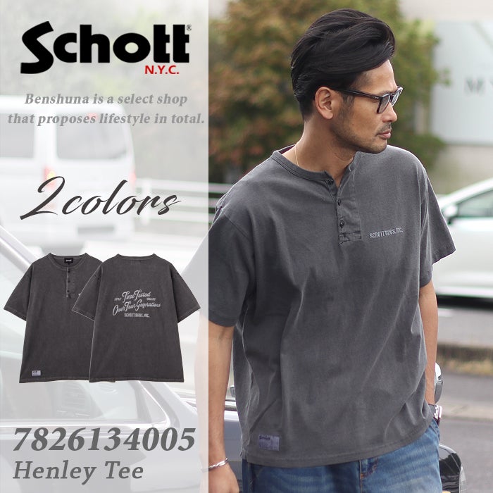 Schott ショット 刺繍 ヘンリーネック Tシャツ 7826134005 ホワイト