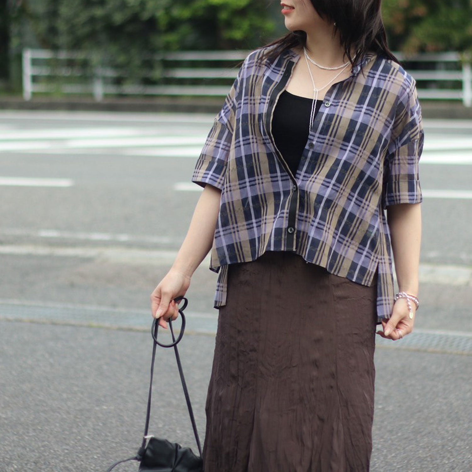 trois/トロワ チェック柄シアーショートシャツ T261-81048 丸首 ノー