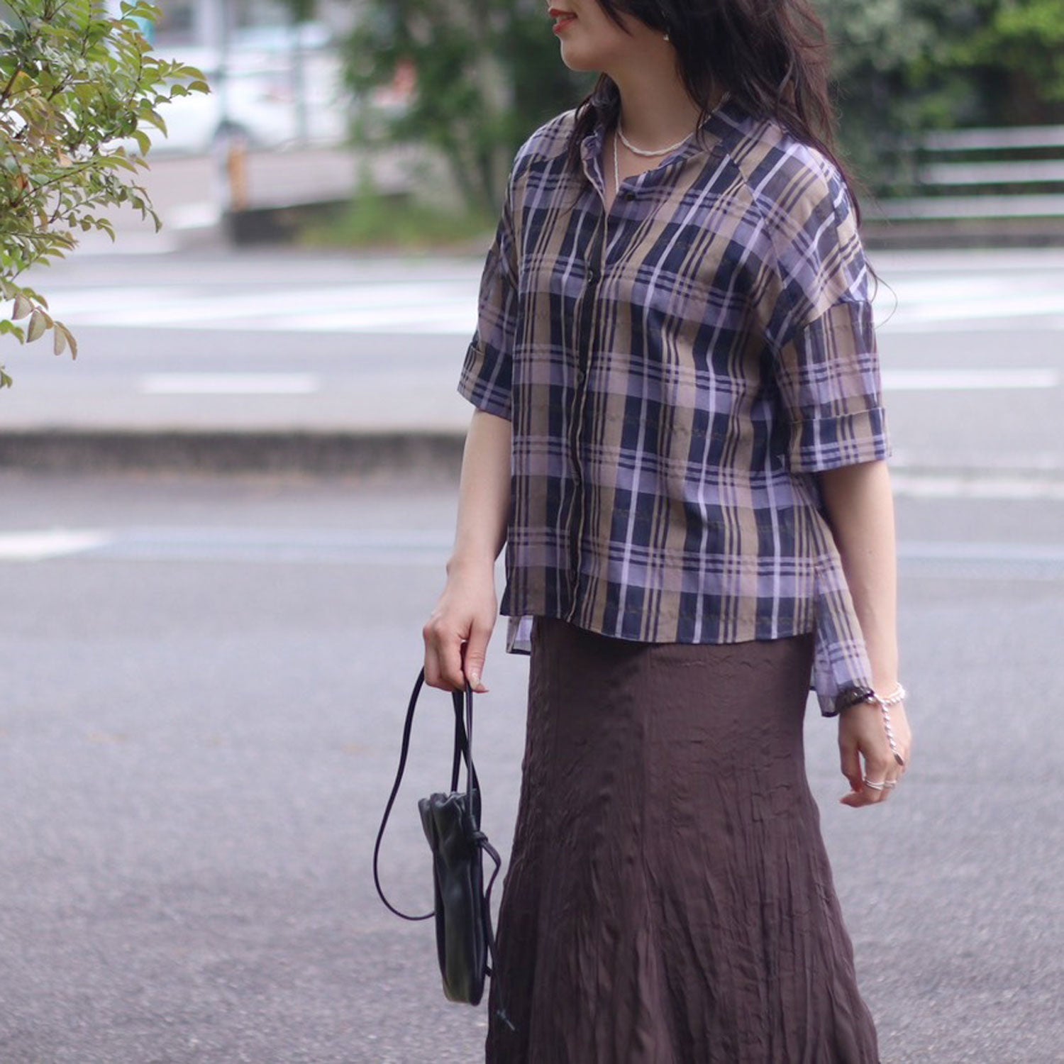 trois/トロワ チェック柄シアーショートシャツ T261-81048 丸首 ノー